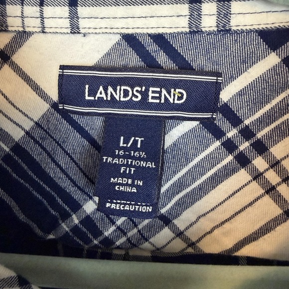 Lands End Shirt Mens Large Tall Blue White Plaid Button Front Flannel Casual - Picture 4 of 9